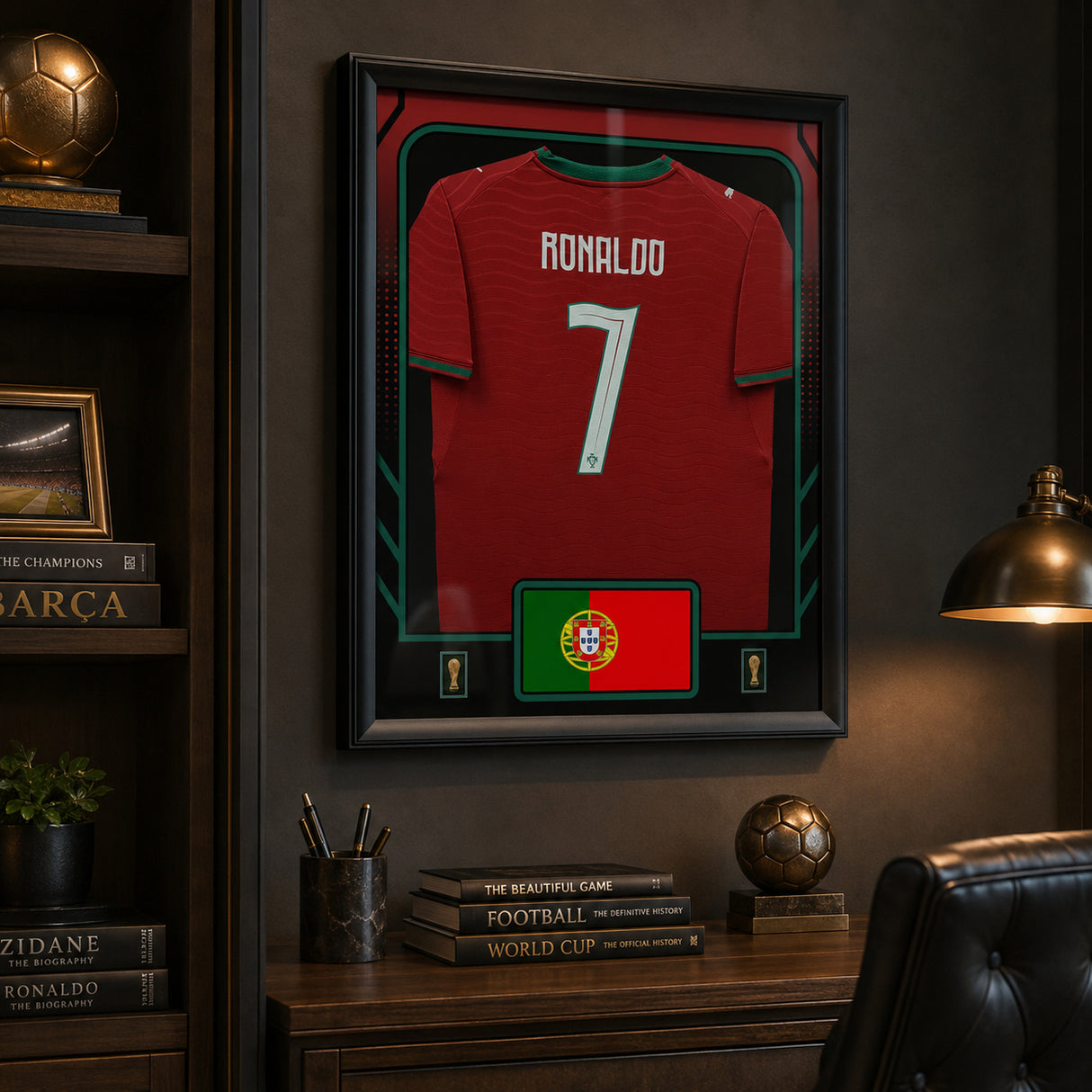 Cristiano Ronaldo Framed 25.75 x 33.75 FIFA World Cup 2026 Portugal Official Home Stadium Replica Puma Jersey - dark room lifestyle display