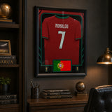 Cristiano Ronaldo Framed 25.75 x 33.75 FIFA World Cup 2026 Portugal Official Home Stadium Replica Puma Jersey - dark room lifestyle display