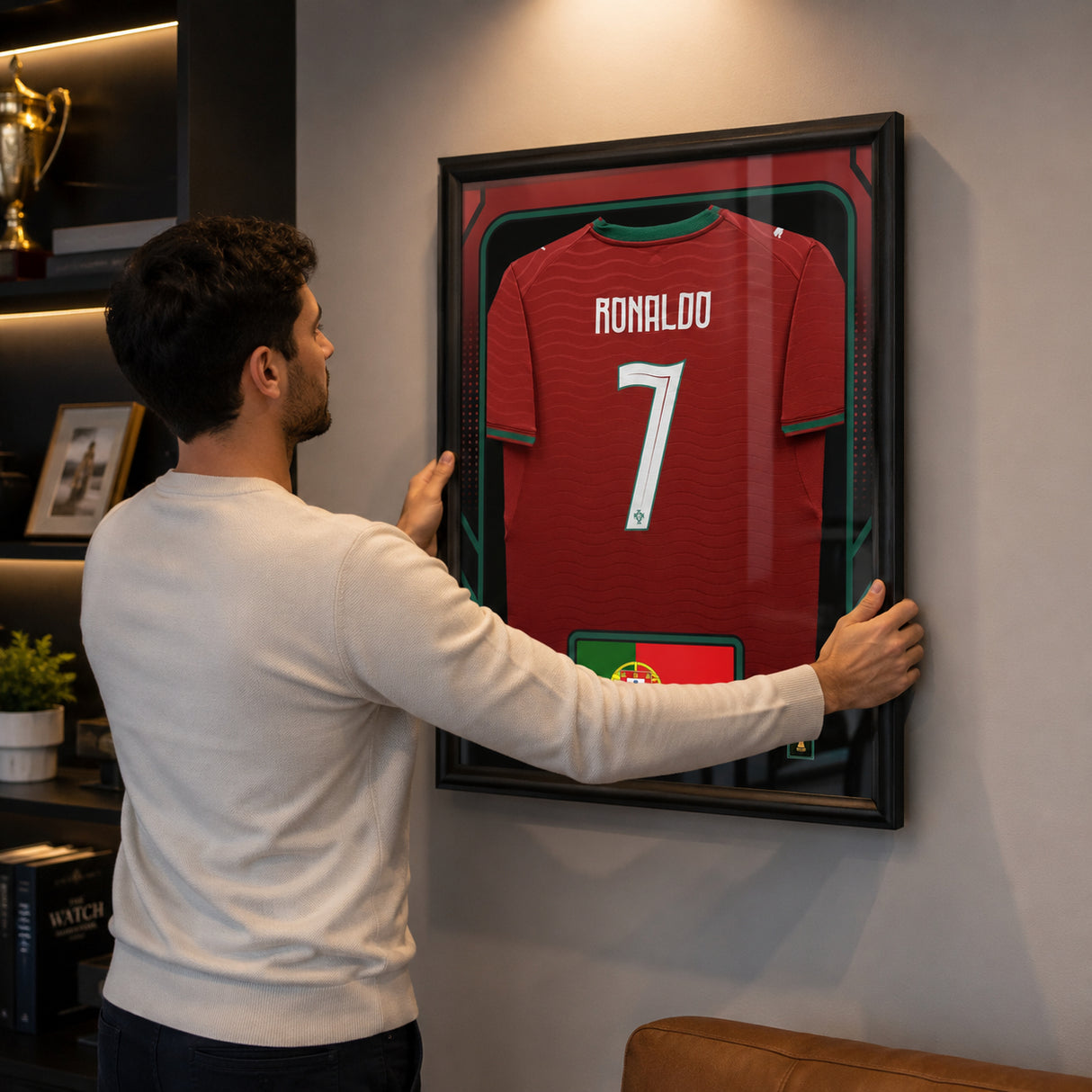 Cristiano Ronaldo Framed 25.75 x 33.75 FIFA World Cup 2026 Portugal Official Home Stadium Replica Puma Jersey - installation lifestyle detail