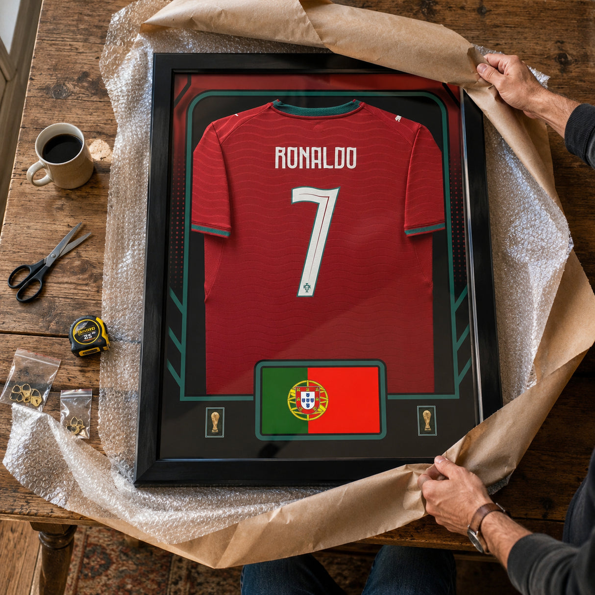 Cristiano Ronaldo Framed 25.75 x 33.75 FIFA World Cup 2026 Portugal Official Home Stadium Replica Puma Jersey - packaging and unboxing view