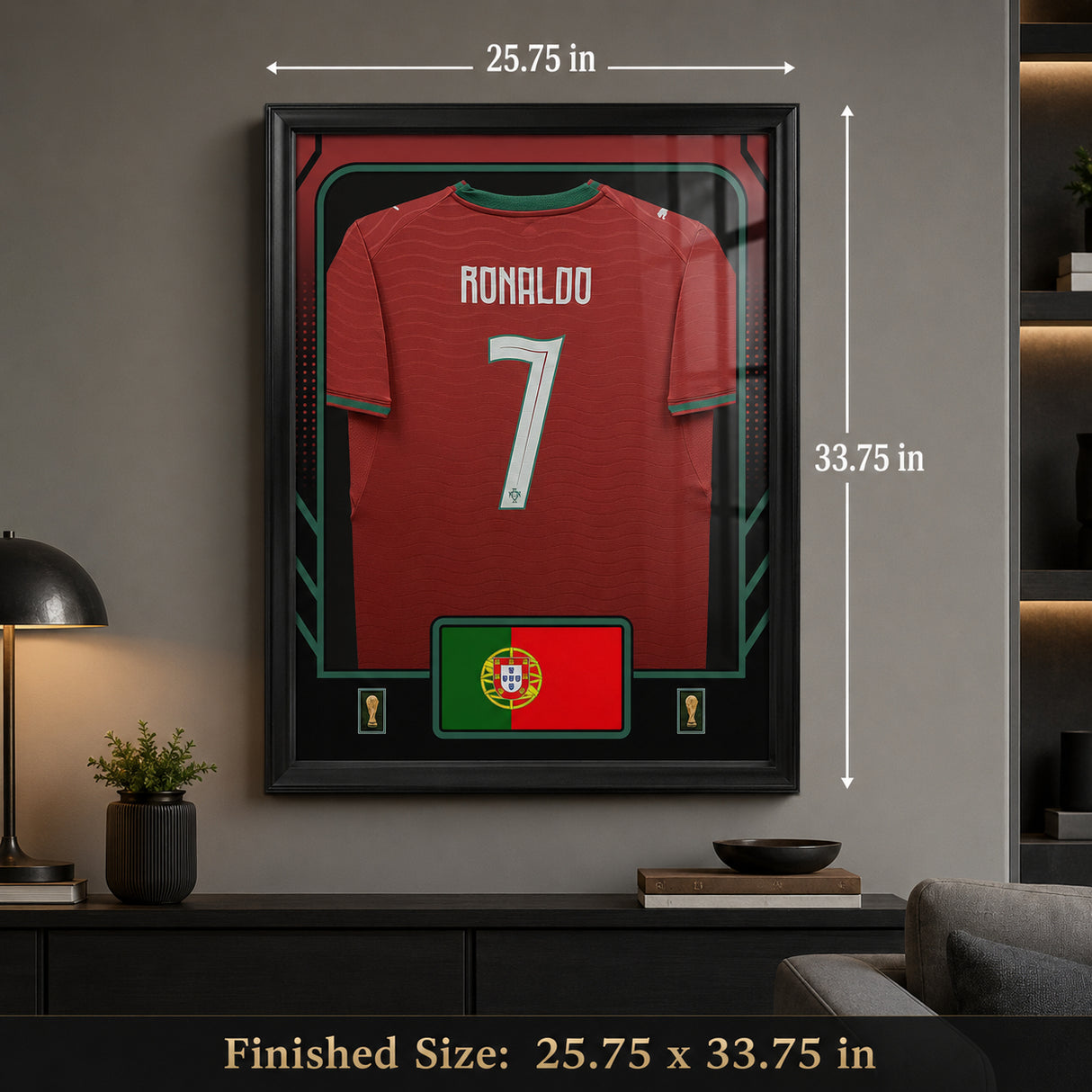 Cristiano Ronaldo Framed 25.75 x 33.75 FIFA World Cup 2026 Portugal Official Home Stadium Replica Puma Jersey - finished size dimensions