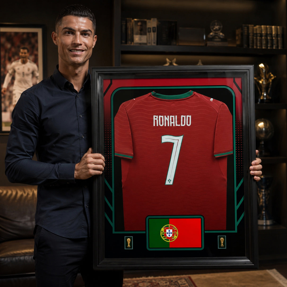 Cristiano Ronaldo Framed 25.75 x 33.75 FIFA World Cup 2026 Portugal Official Home Stadium Replica Puma Jersey - player holding lifestyle display