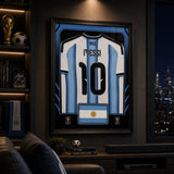 Lionel Messi Framed 25.75 x 33.75 FIFA World Cup 2026 Argentina Official Home Stadium Replica Adidas Jersey - dark room lifestyle display