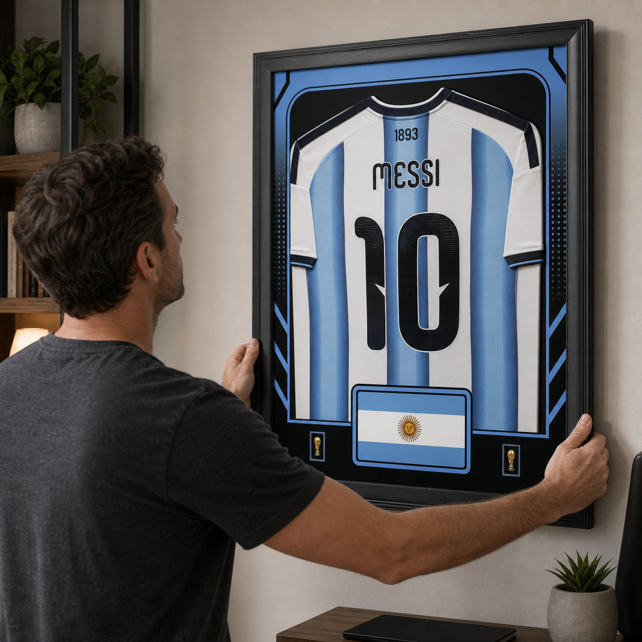 Lionel Messi Framed 25.75 x 33.75 FIFA World Cup 2026 Argentina Official Home Stadium Replica Adidas Jersey - hanging installation lifestyle detail