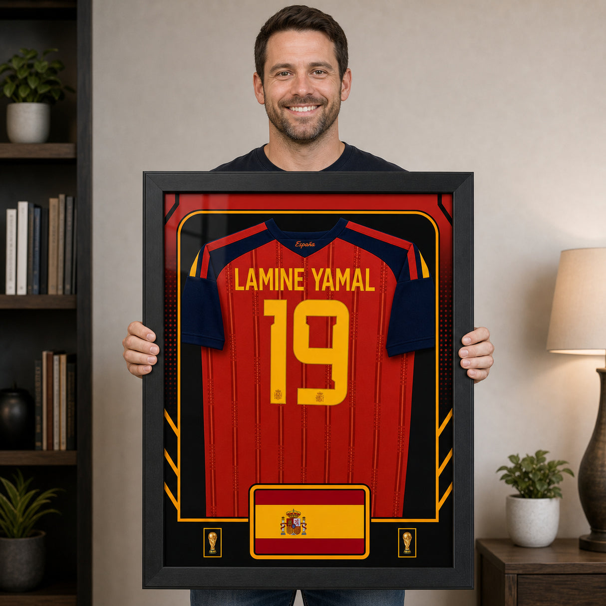 Lamine Yamal Spain 2026 framed jersey held for scale lifestyle image