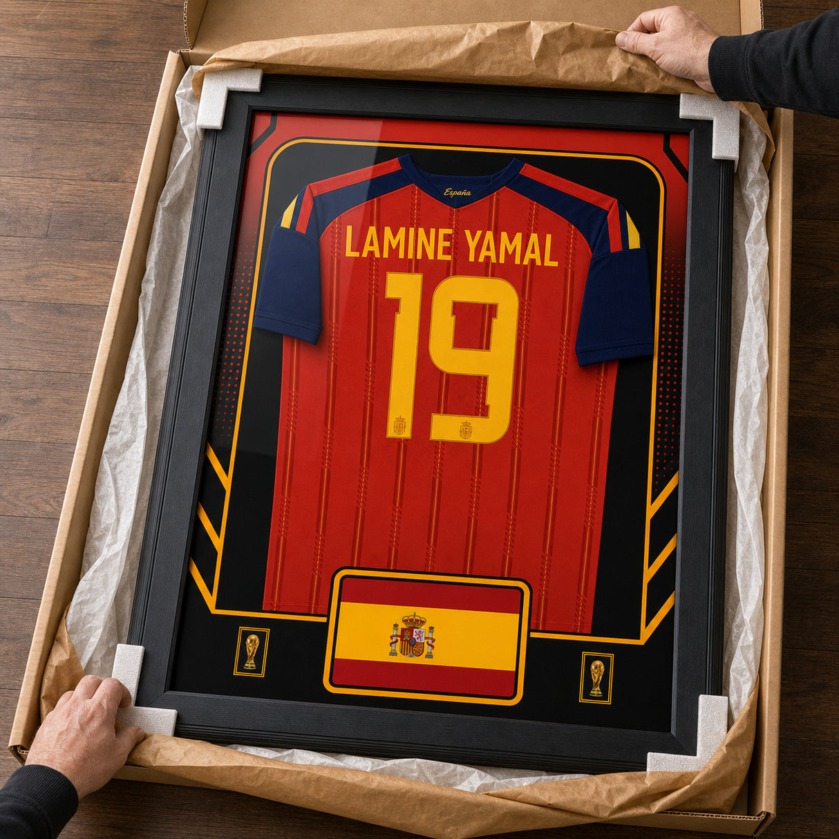 Lamine Yamal Spain 2026 framed jersey unboxing lifestyle image
