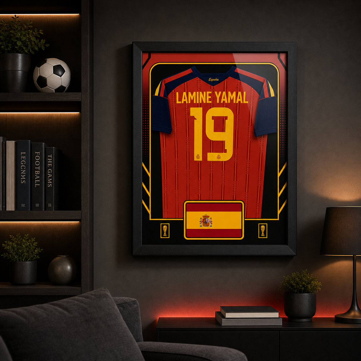 Lamine Yamal Spain 2026 framed jersey dark fan room lifestyle image