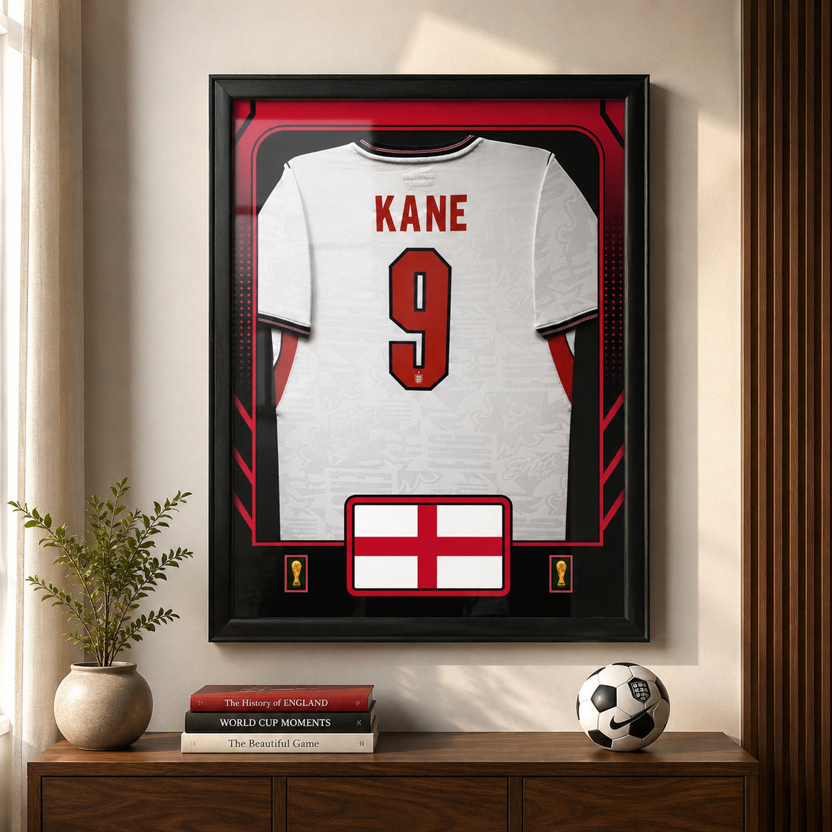 Harry Kane Framed 25.75 x 33.75 FIFA World Cup 2026 England Official Home Stadium Replica Nike Jersey - clean wall lifestyle display