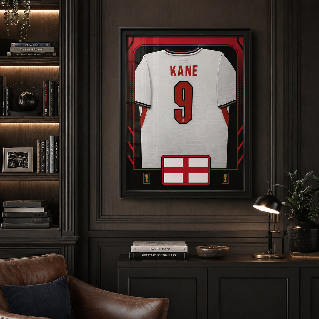Harry Kane Framed 25.75 x 33.75 FIFA World Cup 2026 England Official Home Stadium Replica Nike Jersey - dark room lifestyle display