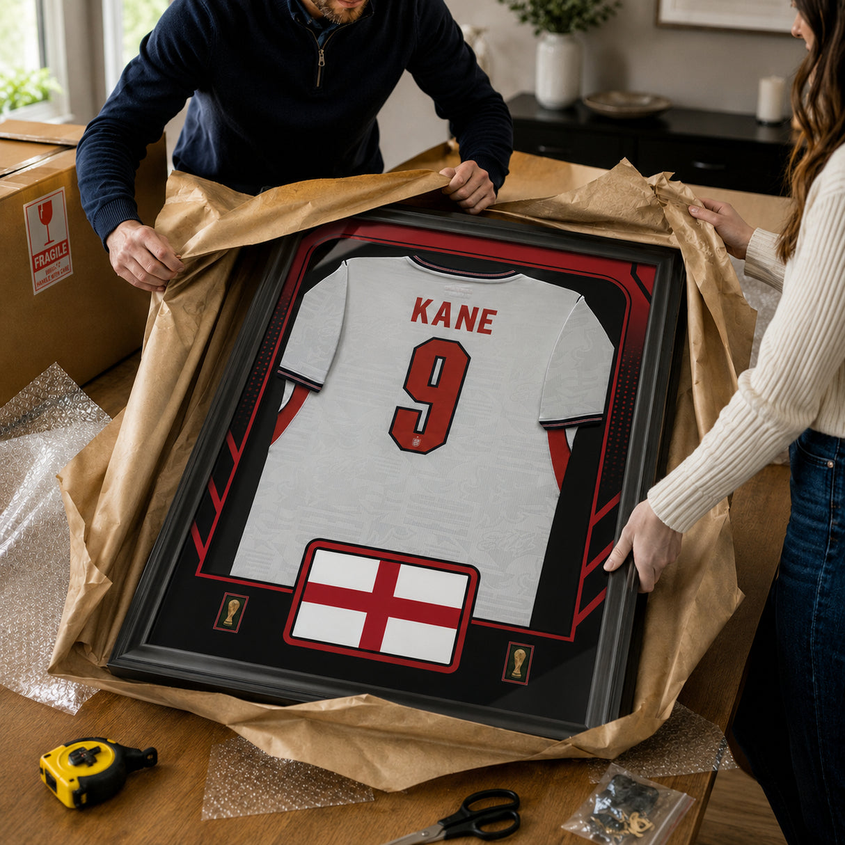 Harry Kane Framed 25.75 x 33.75 FIFA World Cup 2026 England Official Home Stadium Replica Nike Jersey - packaging and unboxing view