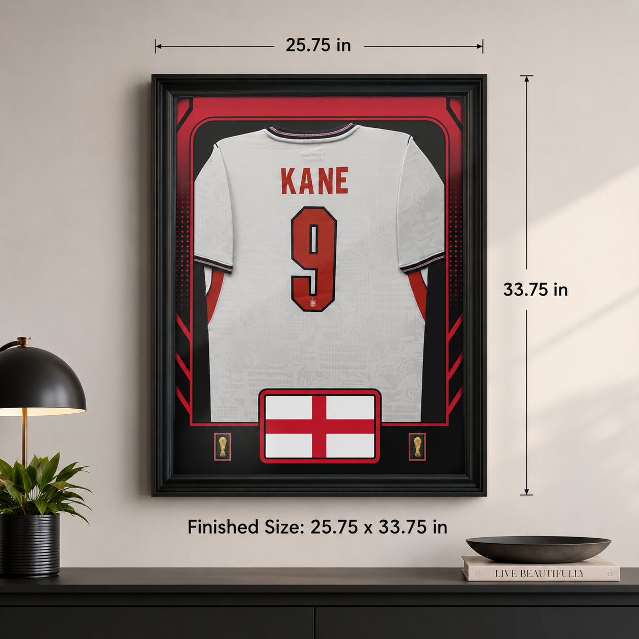 Harry Kane Framed 25.75 x 33.75 FIFA World Cup 2026 England Official Home Stadium Replica Nike Jersey - finished size dimensions