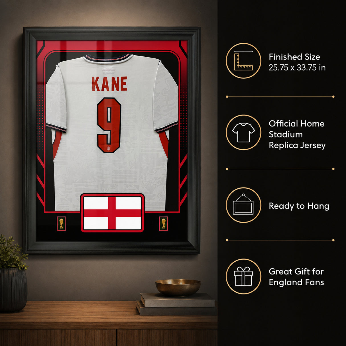 Harry Kane Framed 25.75 x 33.75 FIFA World Cup 2026 England Official Home Stadium Replica Nike Jersey - feature infographic