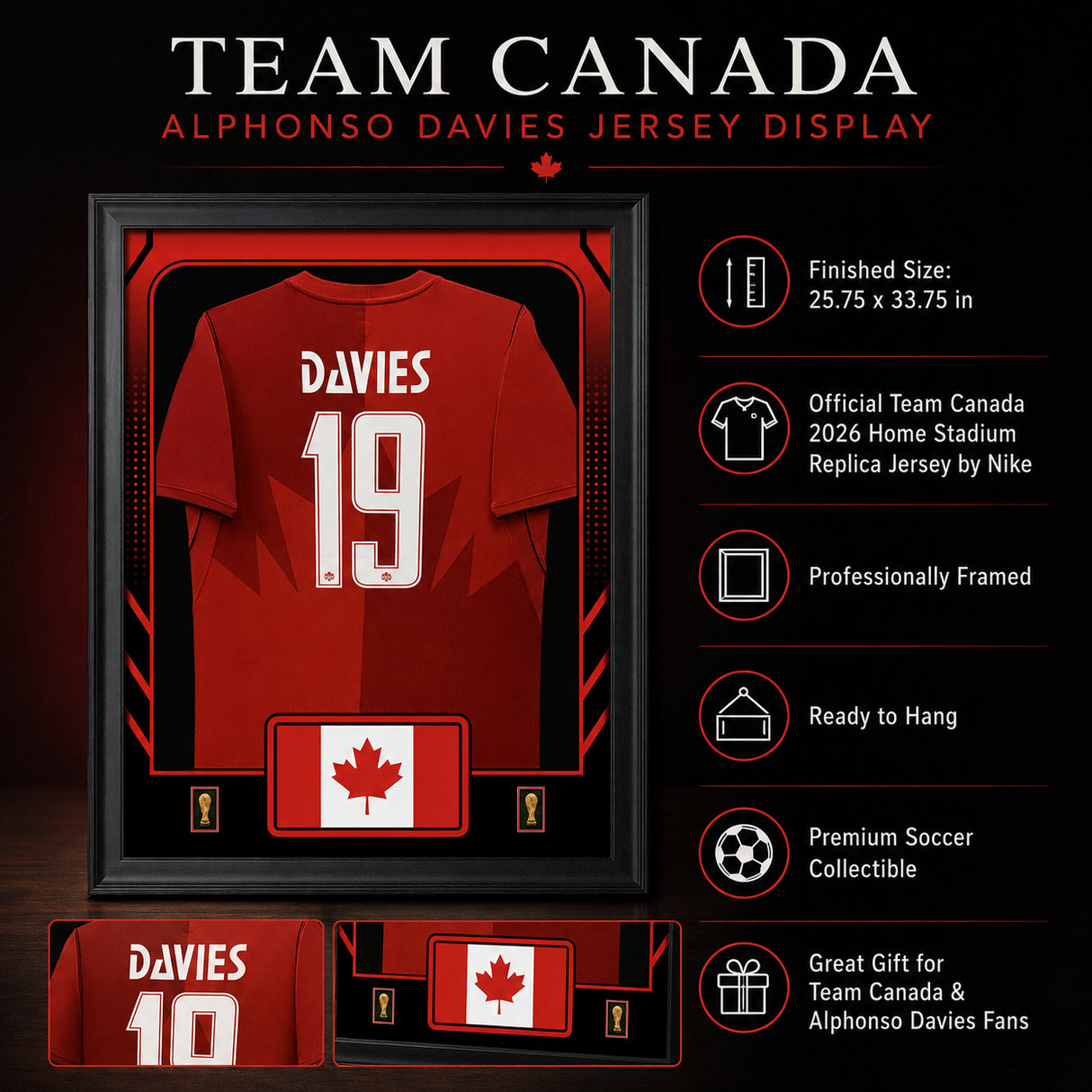 Alphonso Davies framed Canada FIFA World Cup 2026 jersey - Feature infographic with display details