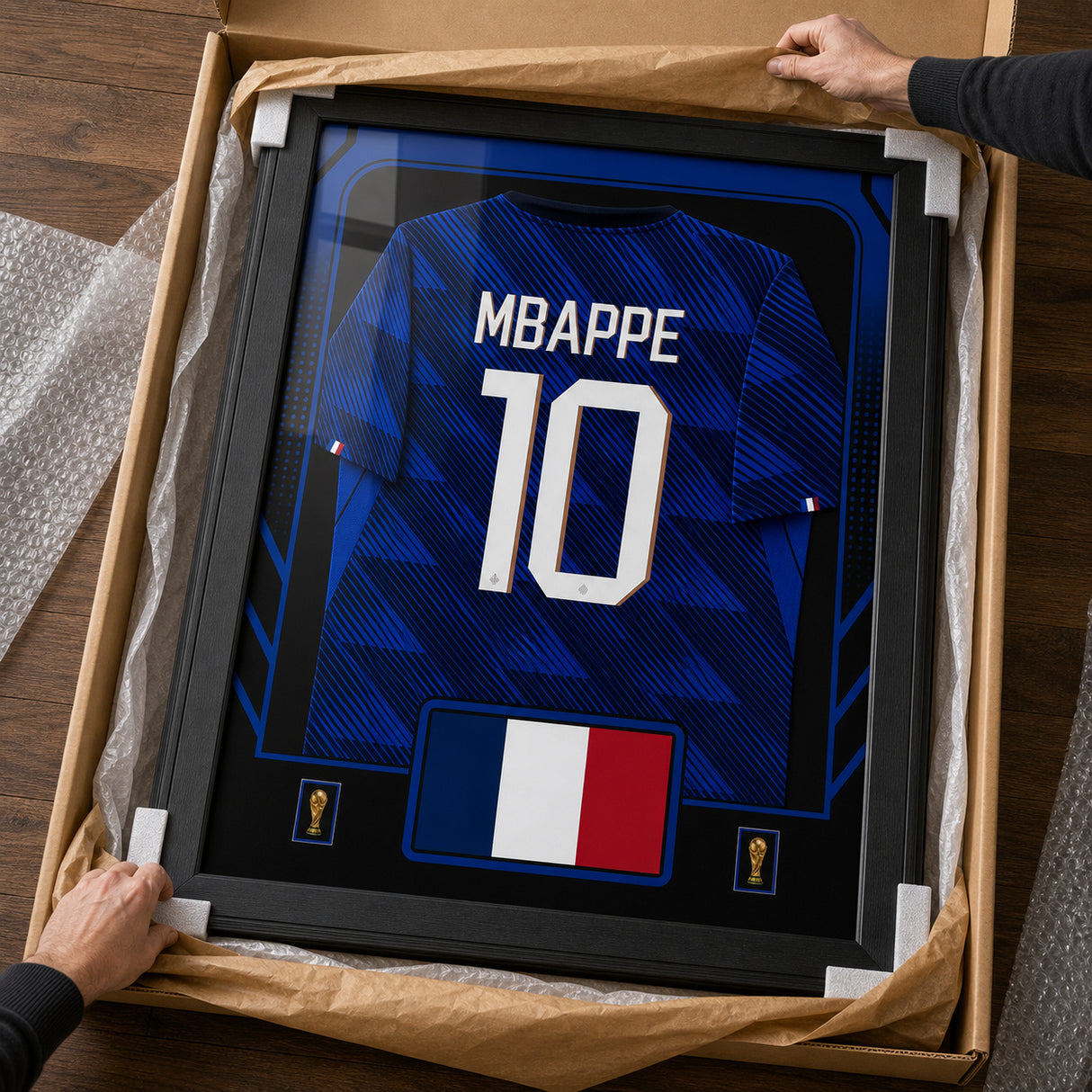 Kylian Mbappe France 2026 framed jersey unboxing lifestyle image