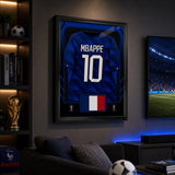 Kylian Mbappe France 2026 framed jersey dark fan room lifestyle image