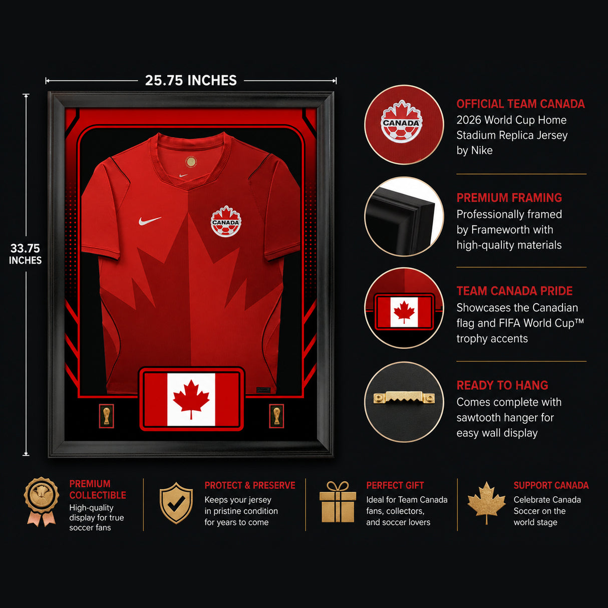 Team Canada framed FIFA World Cup 2026 home jersey - Feature infographic with dimensions and display details