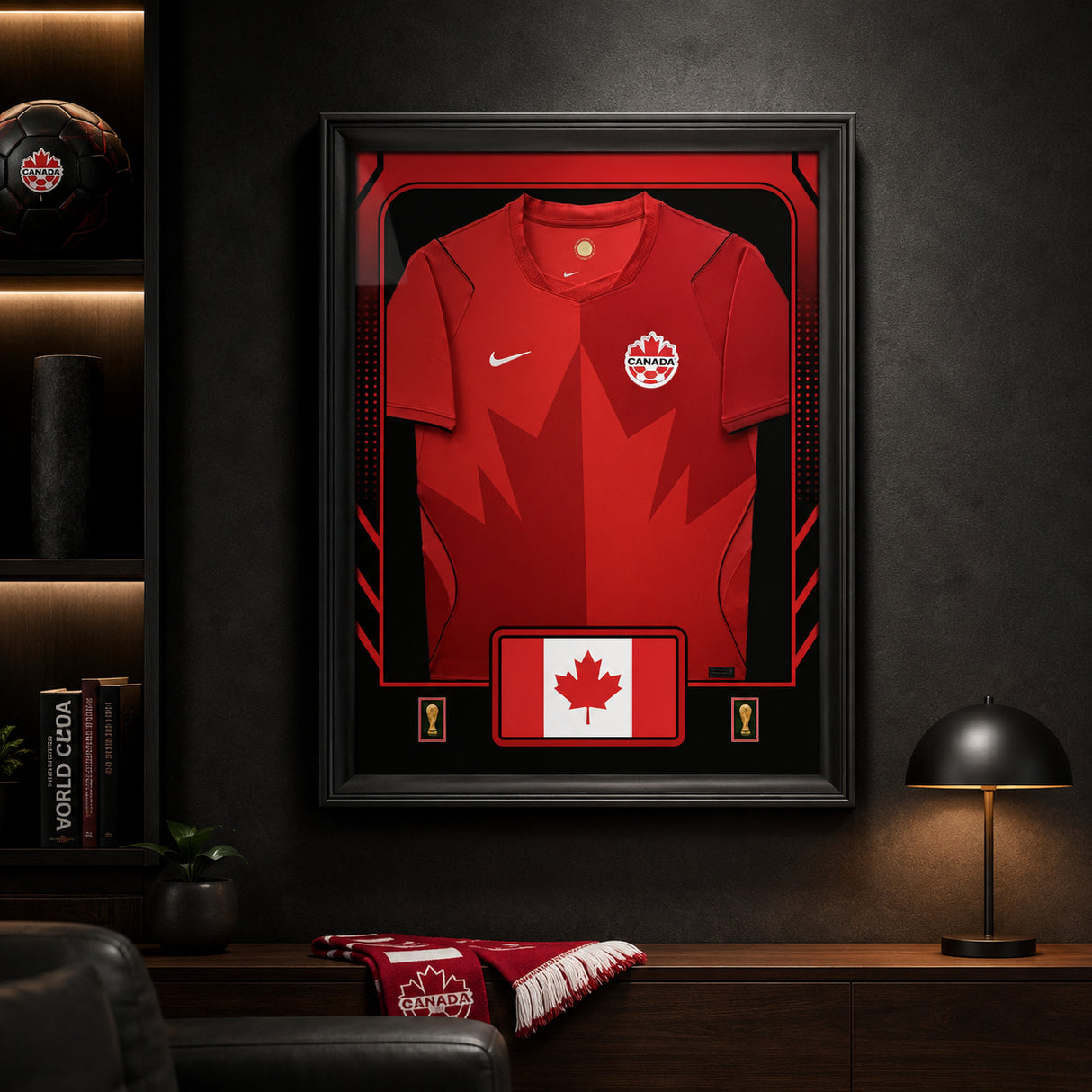 Team Canada framed FIFA World Cup 2026 home jersey - Dark fan cave lifestyle display