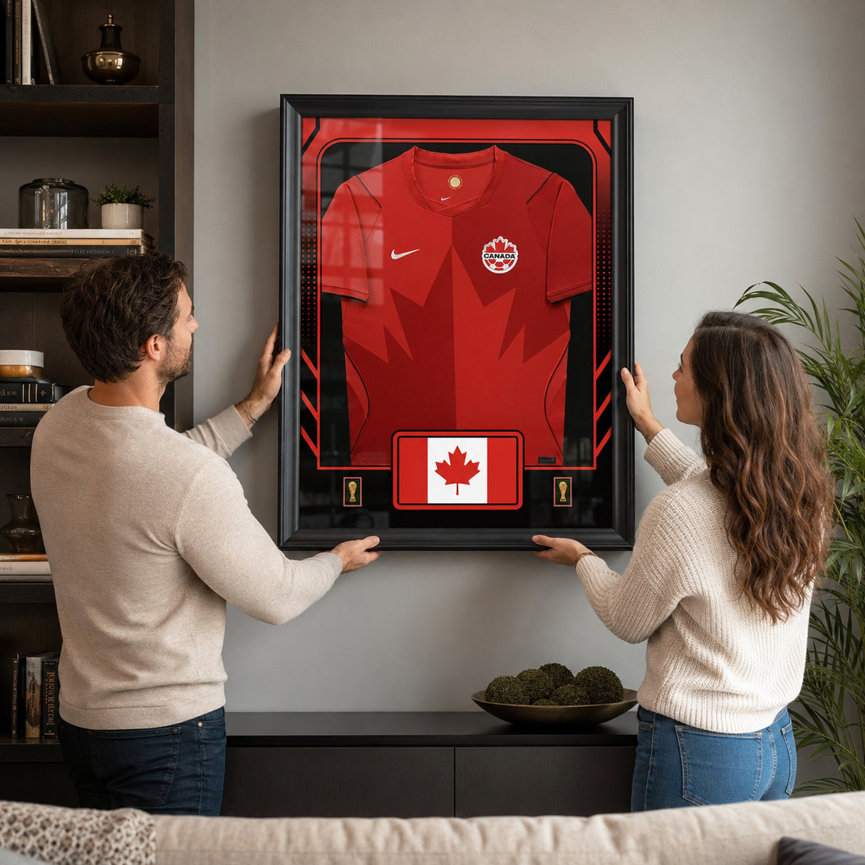 Team Canada framed FIFA World Cup 2026 home jersey - Being installed on the wall