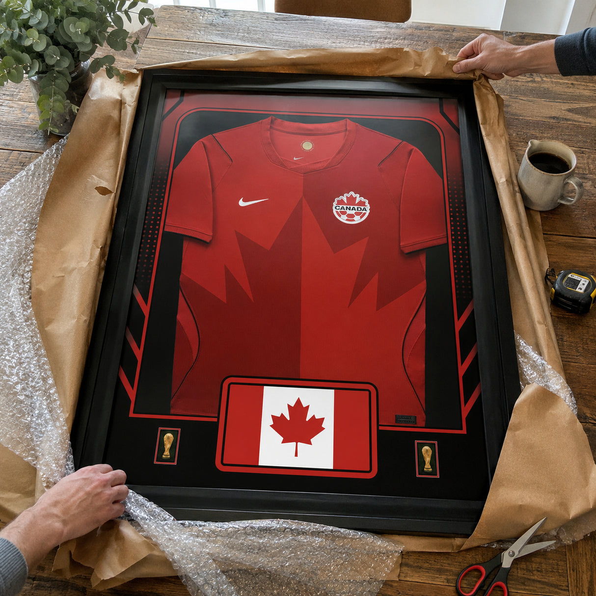 Team Canada framed FIFA World Cup 2026 home jersey - Unboxing presentation in shipping packaging