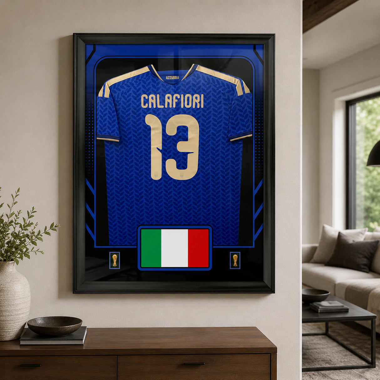 Riccardo Calafiori framed Italy FIFA World Cup 2026 jersey - Clean wall lifestyle display