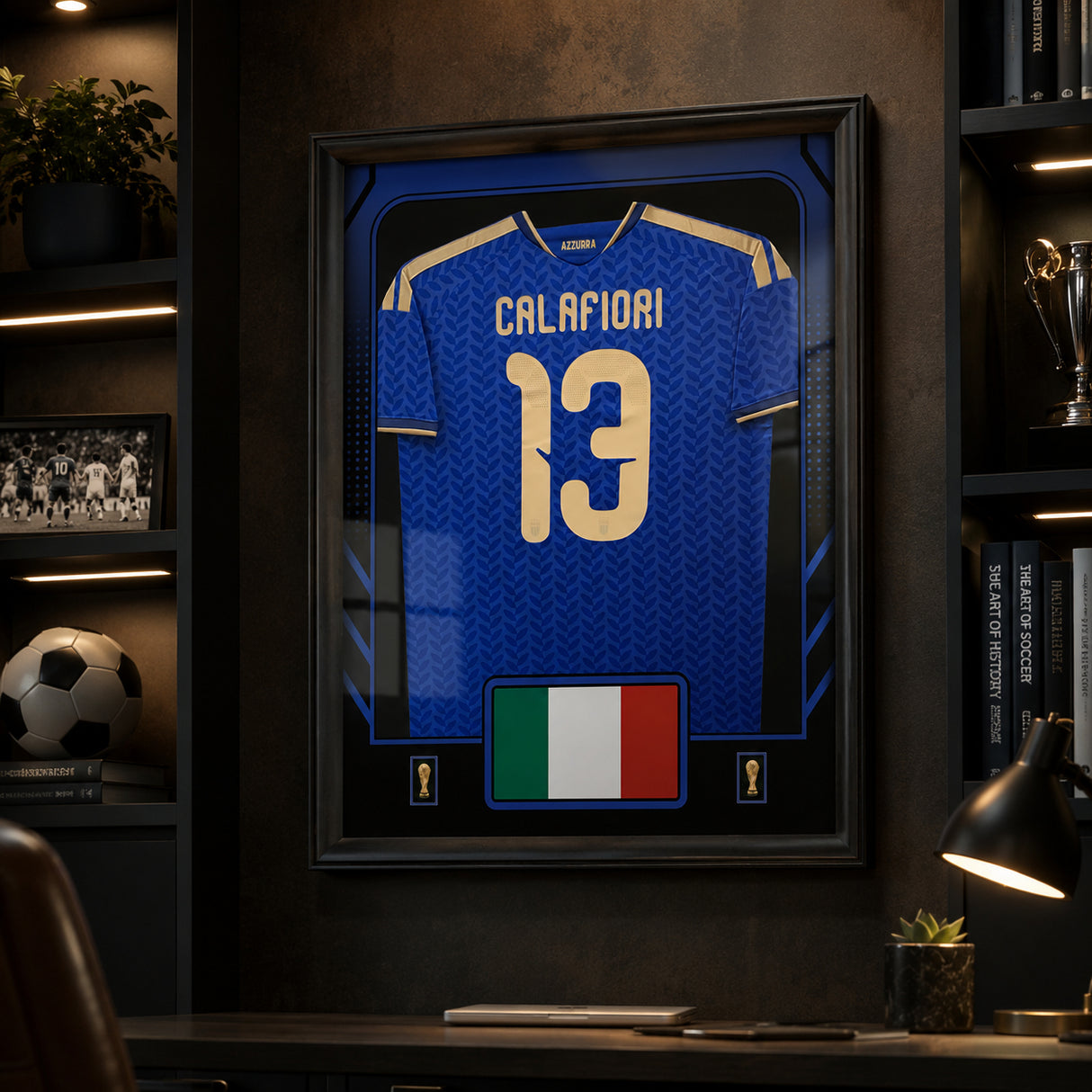 Riccardo Calafiori framed Italy FIFA World Cup 2026 jersey - Dark display room lifestyle