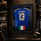 Riccardo Calafiori framed Italy FIFA World Cup 2026 jersey - Dark display room lifestyle