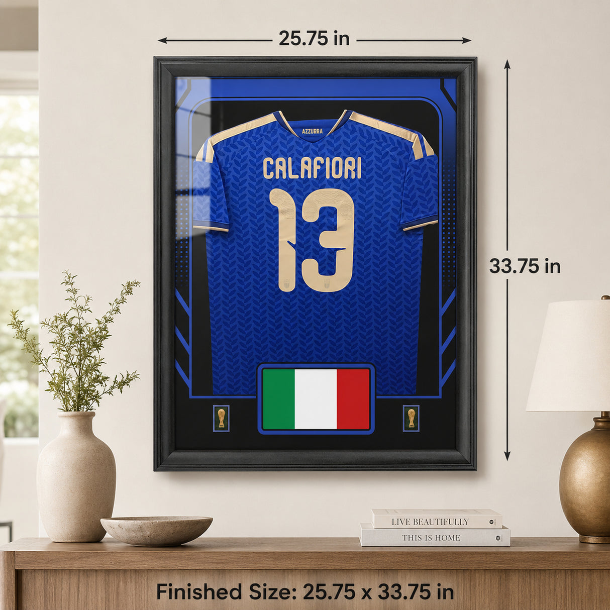 Riccardo Calafiori framed Italy FIFA World Cup 2026 jersey - Finished size 25.75 by 33.75 inches