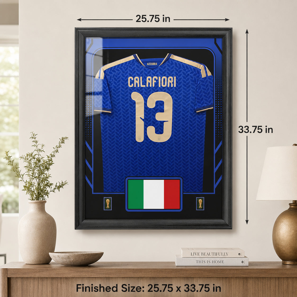 Riccardo Calafiori framed Italy FIFA World Cup 2026 jersey - Finished size 25.75 by 33.75 inches