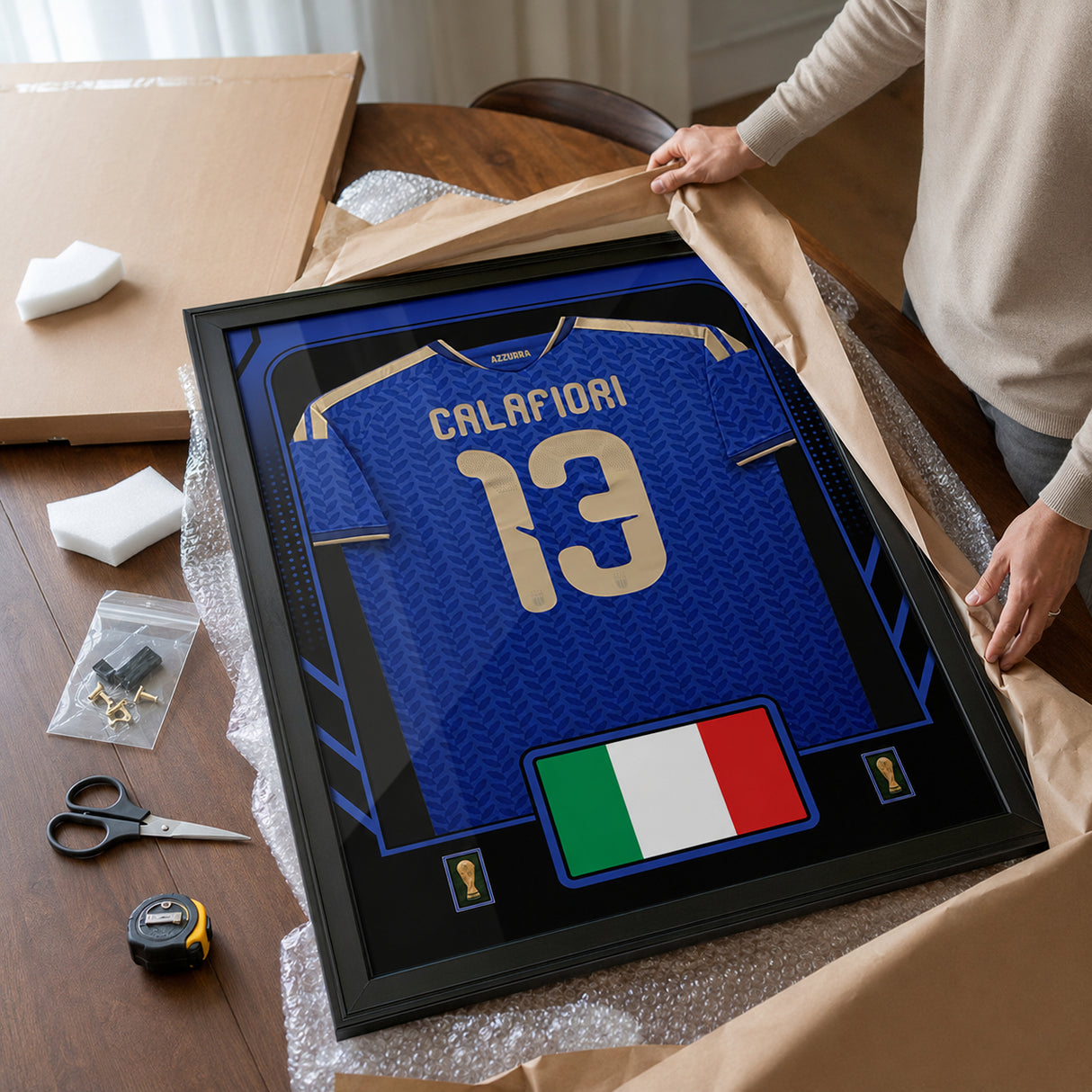 Riccardo Calafiori framed Italy FIFA World Cup 2026 jersey - Unboxing presentation in shipping packaging