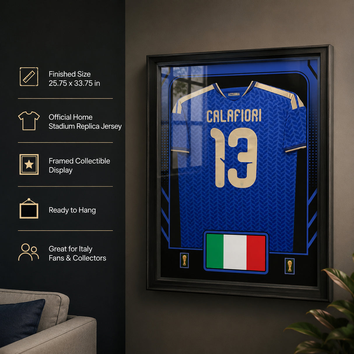 Riccardo Calafiori framed Italy FIFA World Cup 2026 jersey - Feature infographic with display details