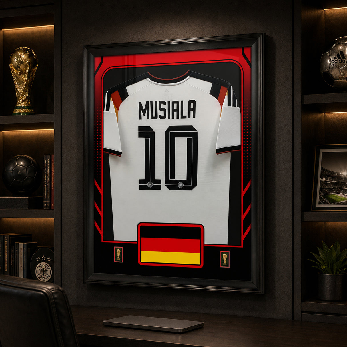 Jamal Musiala framed Germany FIFA World Cup 2026 jersey - Dark display room lifestyle