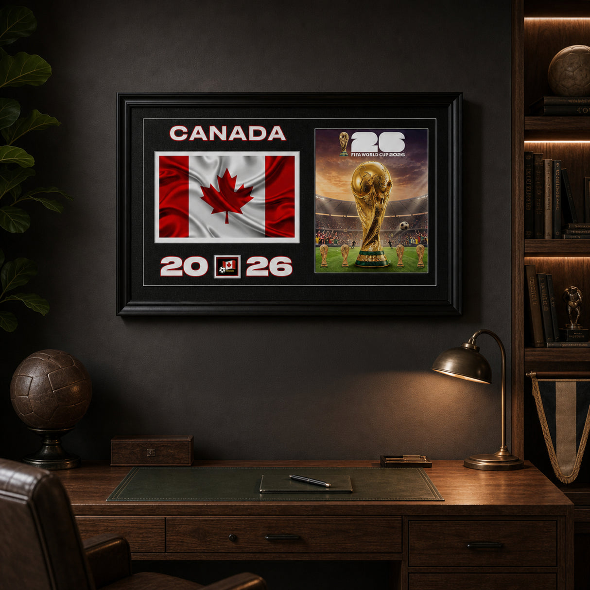 Team Canada 2026 World Cup Flag and Trophy framed print dark room lifestyle image