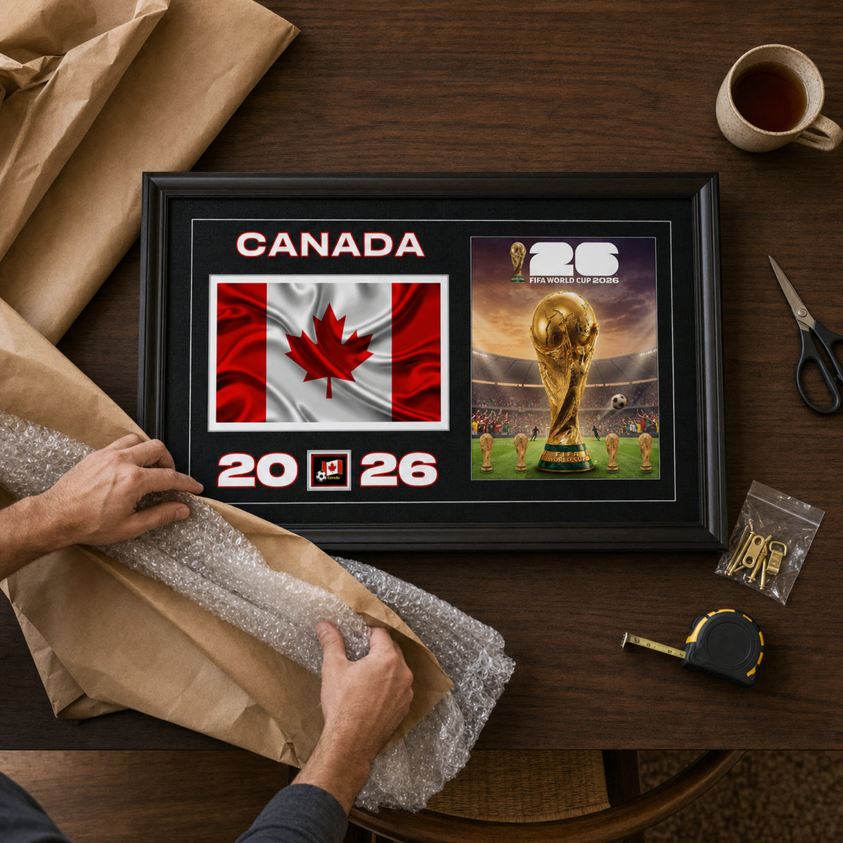 Team Canada 2026 World Cup Flag and Trophy framed print unboxing lifestyle image