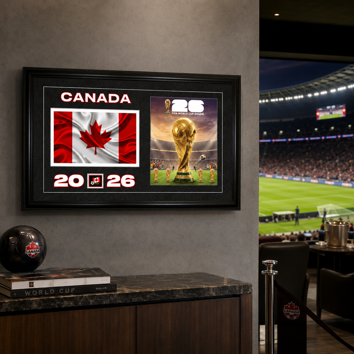 Team Canada 2026 World Cup Flag & Trophy Framed Print 15x24