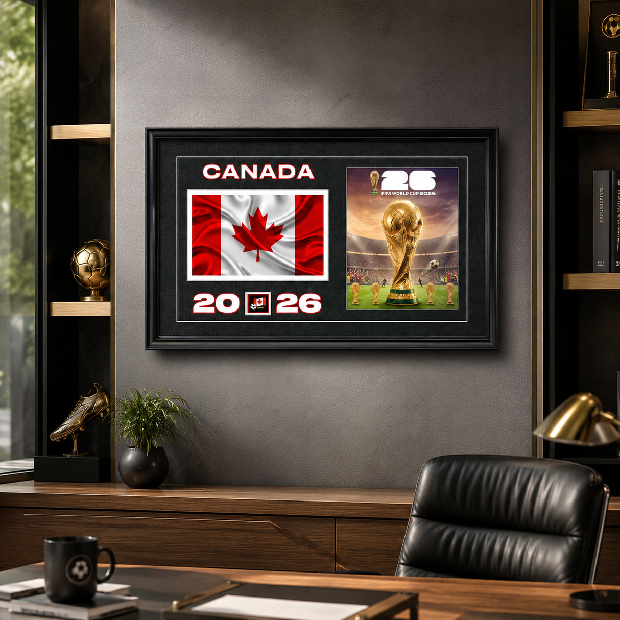 Team Canada 2026 World Cup Flag & Trophy Framed Print 15x24