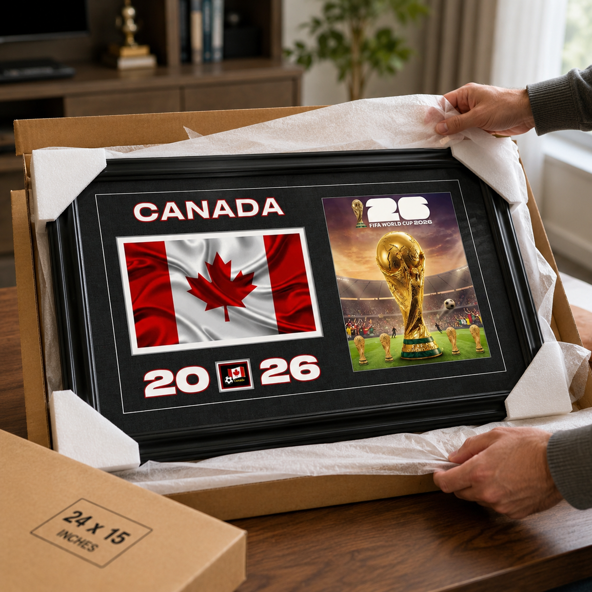 Team Canada 2026 World Cup Flag & Trophy Framed Print 15x24