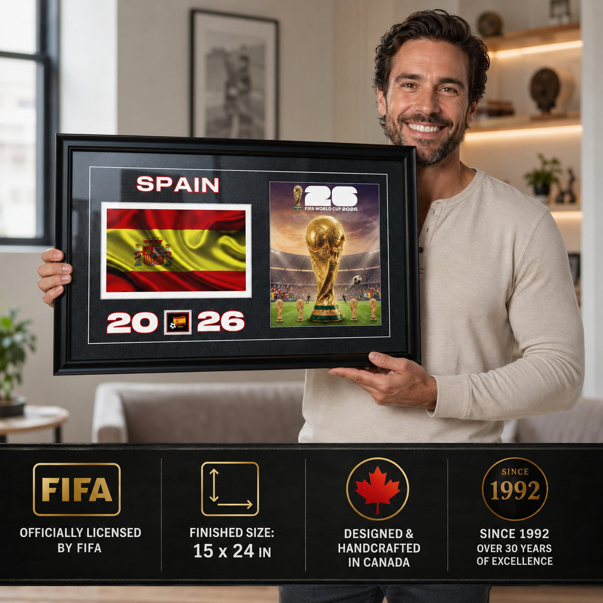 Team Spain 2026 World Cup Flag & Trophy Framed Print 15x24 — Installed above a console with home décor