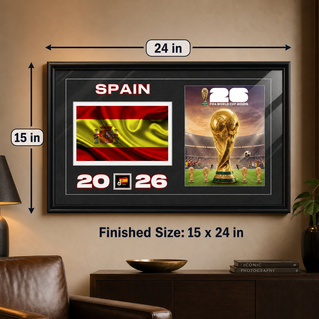 Team Spain 2026 World Cup Flag & Trophy Framed Print 15x24 — Finished size 24 by 15 inches