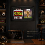 Team Spain 2026 World Cup Flag & Trophy Framed Print 15x24 — Displayed in a fan cave with mood lighting