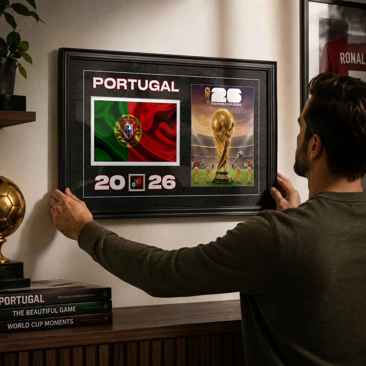 Team Portugal 2026 World Cup Flag & Trophy Framed Print 15x24 — Wall-mounted lifestyle in a clean modern living room