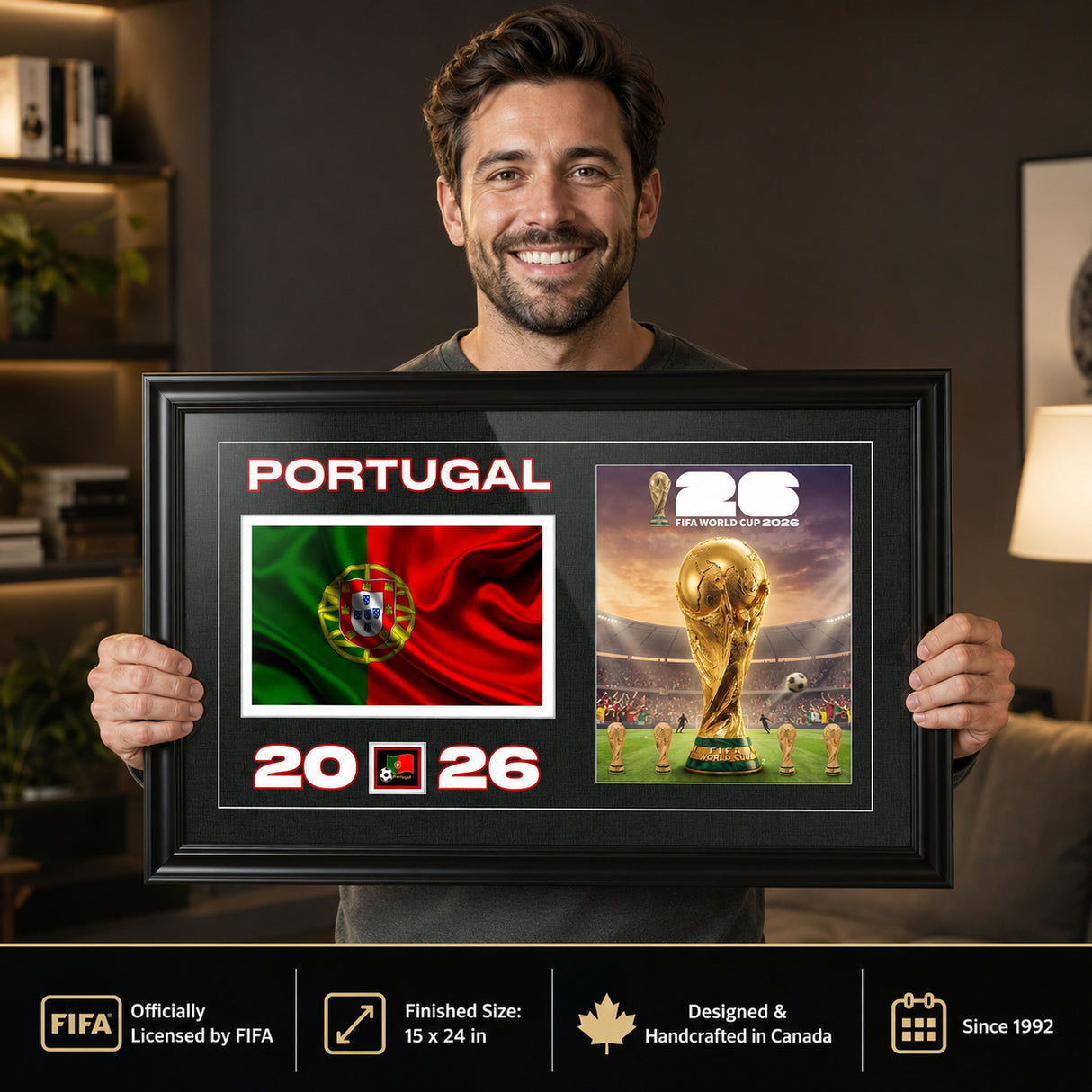 Team Portugal 2026 World Cup Flag & Trophy Framed Print 15x24 — Installed above a console with home décor