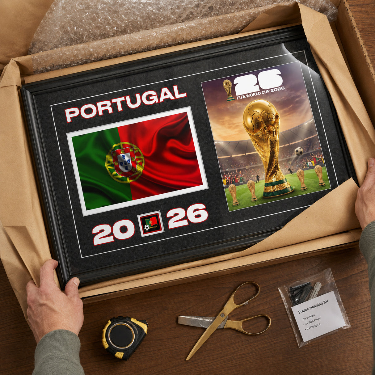 Team Portugal 2026 World Cup Flag & Trophy Framed Print 15x24 — Unboxing presentation in shipping packaging