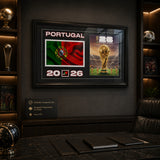 Team Portugal 2026 World Cup Flag & Trophy Framed Print 15x24 — Displayed in a fan cave with mood lighting