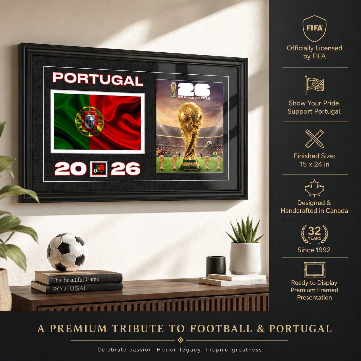 Team Portugal 2026 World Cup Flag & Trophy Framed Print 15x24 — Unboxing presentation showing what arrives