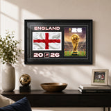 Team England 2026 World Cup Flag & Trophy Framed Print 15x24 — Wall-mounted lifestyle in a clean modern living room