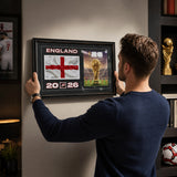Team England 2026 World Cup Flag & Trophy Framed Print 15x24 — Being installed on the wall