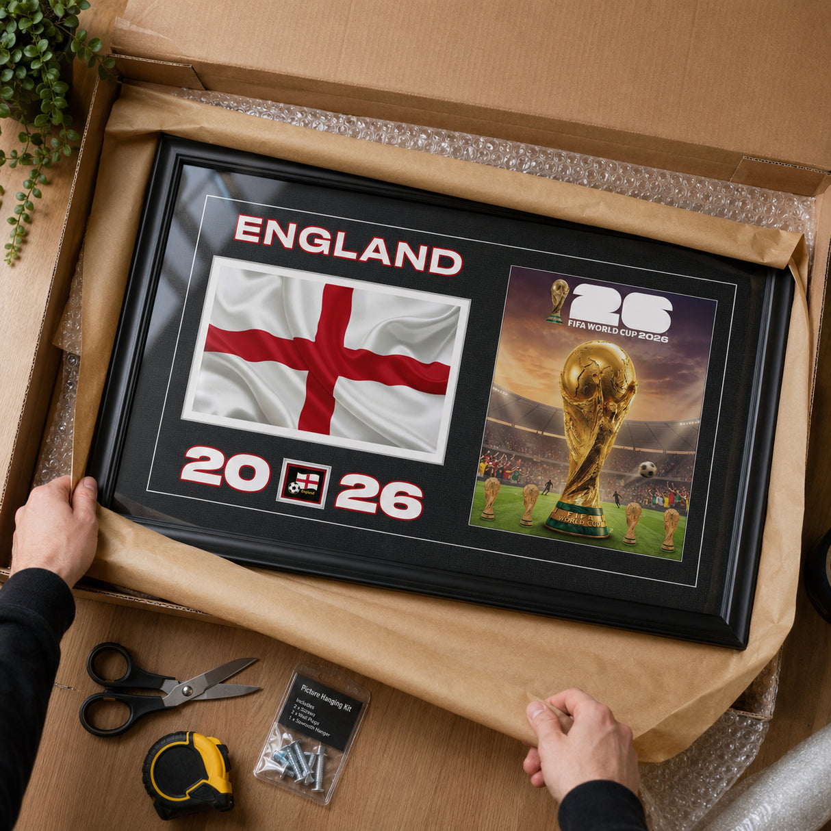 Team England 2026 World Cup Flag & Trophy Framed Print 15x24 — Unboxing presentation in shipping packaging