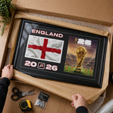 Team England 2026 World Cup Flag & Trophy Framed Print 15x24 — Unboxing presentation in shipping packaging