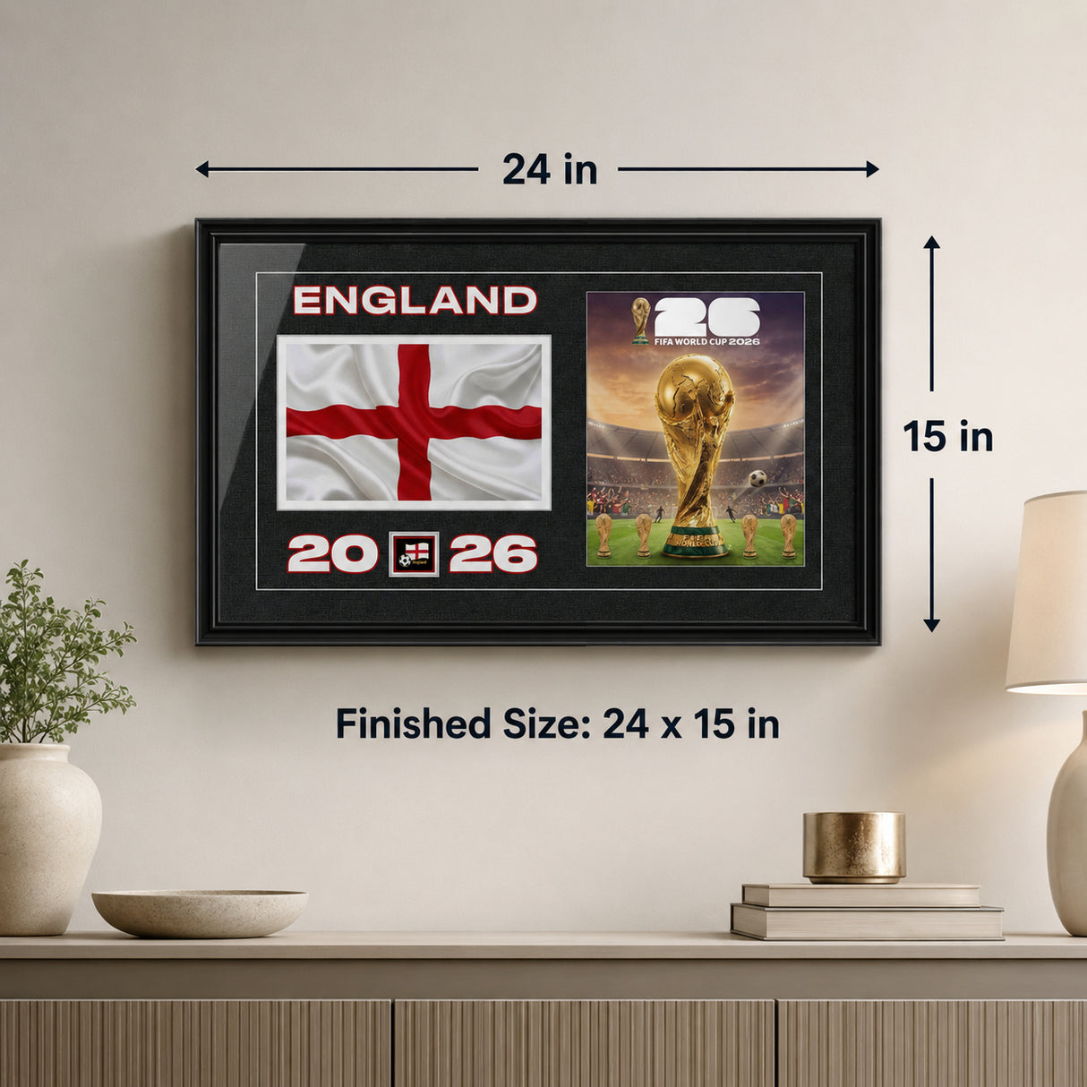 Team England 2026 World Cup Flag & Trophy Framed Print 15x24 — Finished size 24 by 15 inches