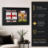 Team England 2026 World Cup Flag & Trophy Framed Print 15x24 — Hero image with dimensions and finish callouts